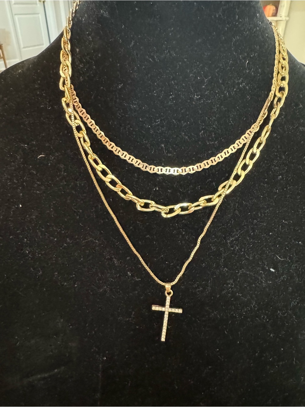 Layered Gold Cross Necklace - Women's Jewelry